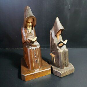 Pair of 2 Vintage JOM Mexican Hand Carved Wood Monk Priest Friar Bookends1940s